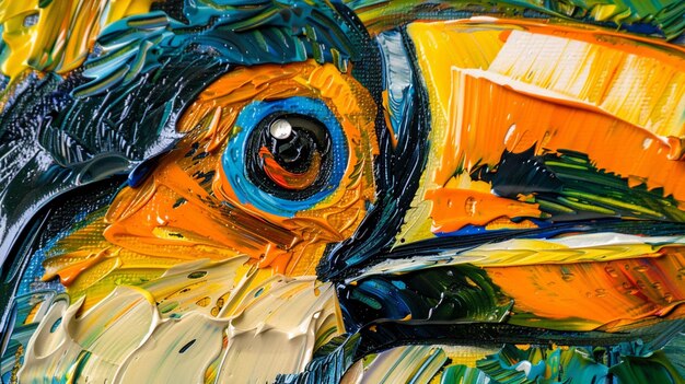 peinture d'un oiseau coloré avec un grand bec et un œil bleu vif