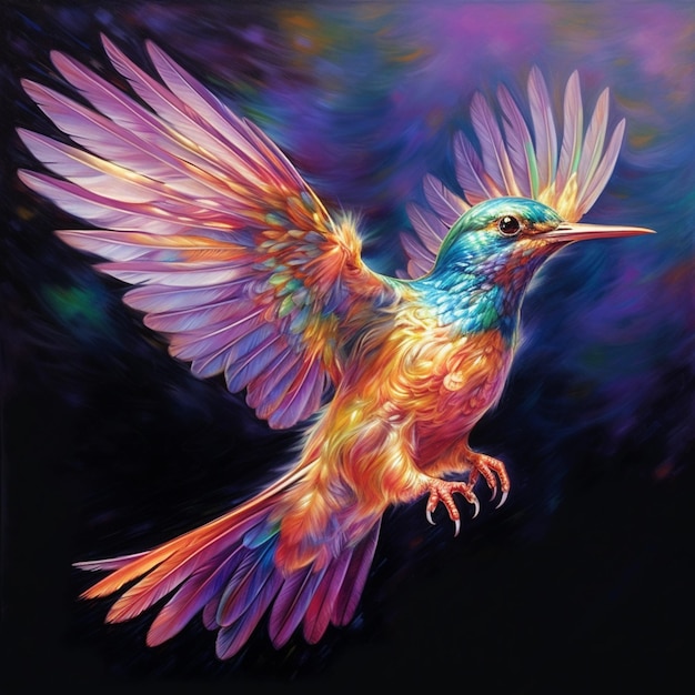 Peinture d'un oiseau coloré volant dans les airs avec ses ailes déployées
