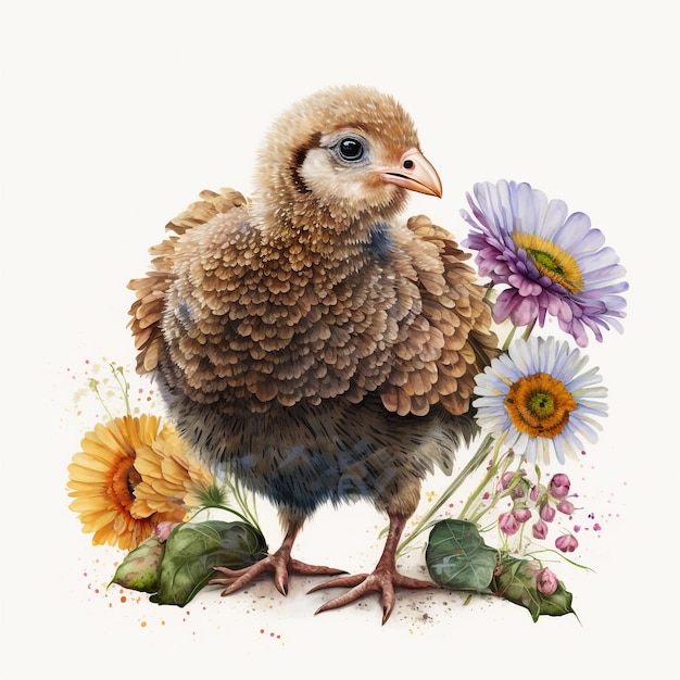 Une peinture d'un oiseau avec des fleurs dessus