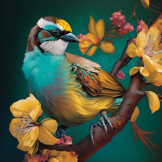 Une peinture d'un oiseau avec des fleurs jaunes dessus