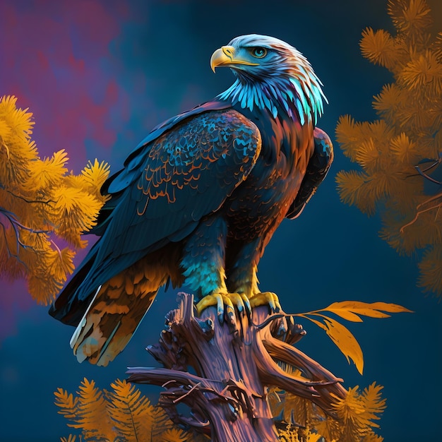 Une peinture d'un oiseau avec un fond bleu et des feuilles jaunes.