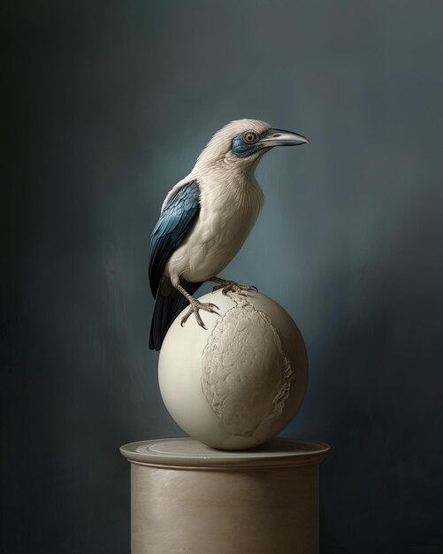 Photo une peinture d'un oiseau sur un globe avec un dessin blanc et or.