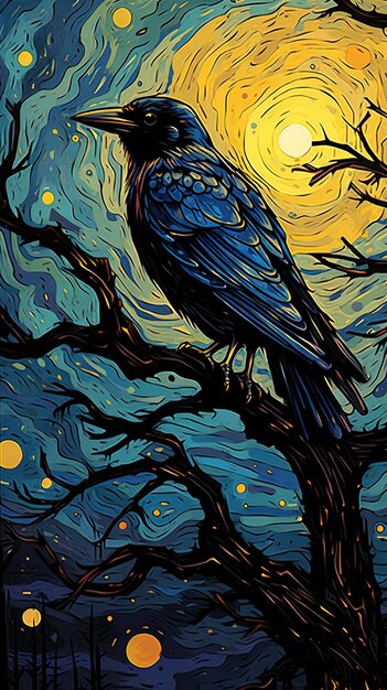 une peinture d'un oiseau avec une lune jaune en arrière-plan