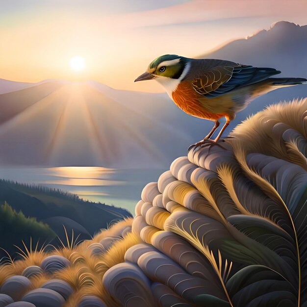 Une peinture d'un oiseau sur une montagne avec le soleil derrière.