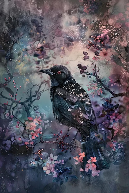 Une peinture d'un oiseau noir assis sur une branche