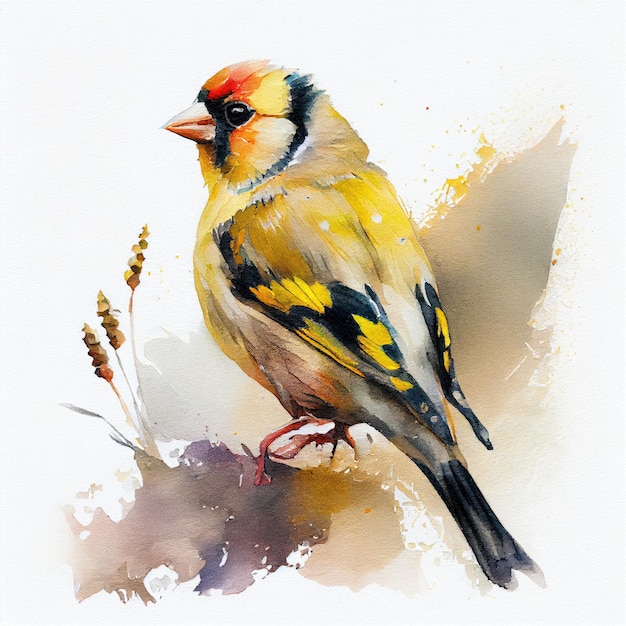 Une peinture d'un oiseau avec des plumes jaunes et noires et une tête rouge.