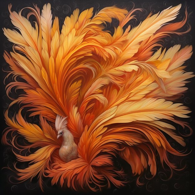 Peinture d'un oiseau avec des plumes orange sur un fond noir