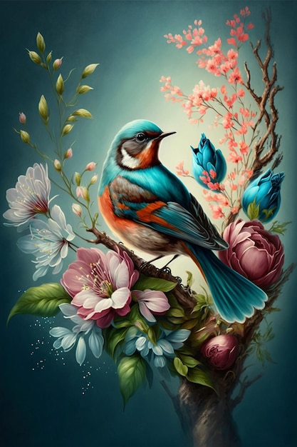 Peinture d'un oiseau posé sur une branche d'un arbre ai génératif