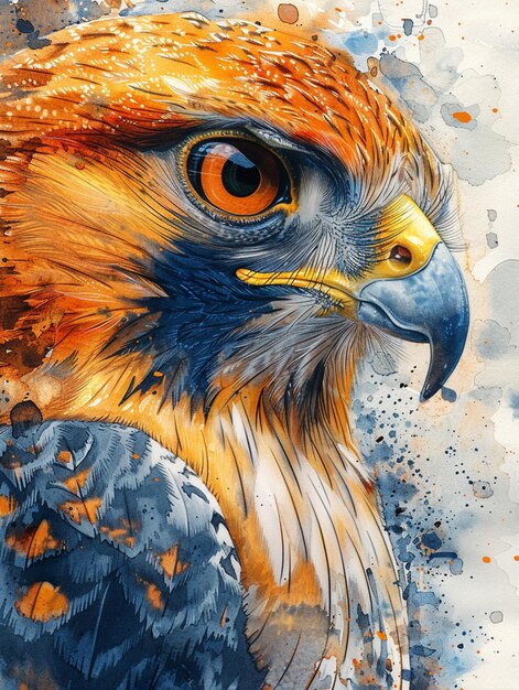 peinture d'un oiseau de proie avec un bec jaune et des yeux orange