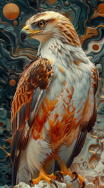 peinture d'un oiseau de proie avec un corps rouge et blanc et des plumes orange