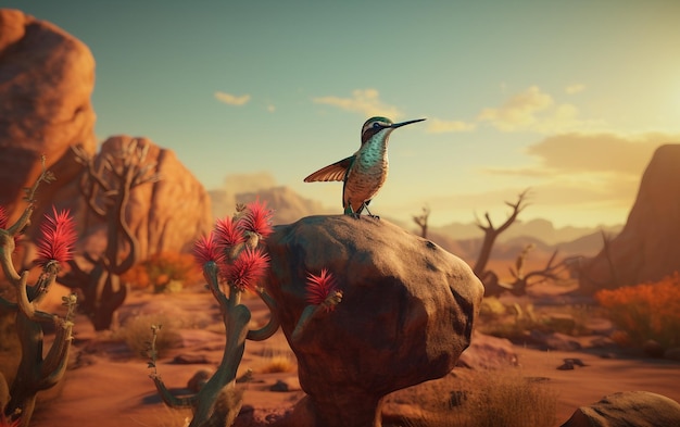 Photo une peinture d'un oiseau sur un rocher avec un fond de ciel