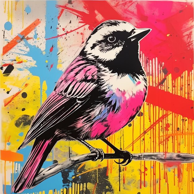 Peinture d'oiseau vibrante sur bois avec des éclaboussures d'acrylique