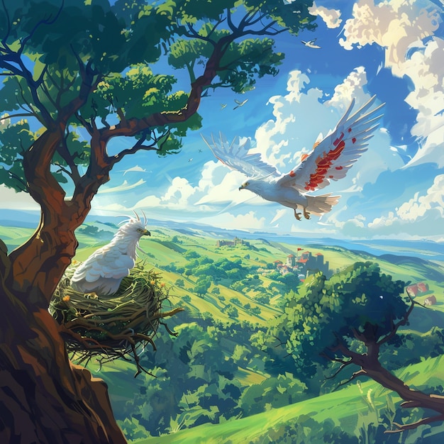 peinture d'un oiseau volant au-dessus d'un nid dans un arbre génératif ai