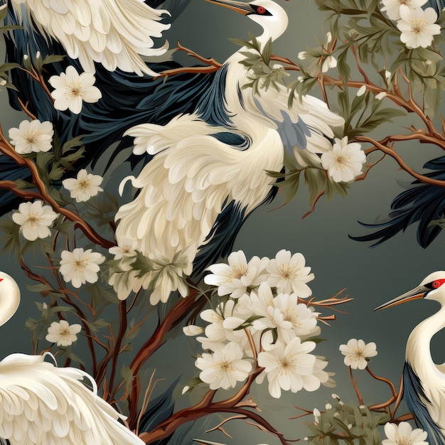 une peinture d'oiseaux blancs avec des becs rouges et des fleurs blanches