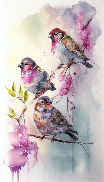Une peinture d'oiseaux sur une branche avec des fleurs roses.