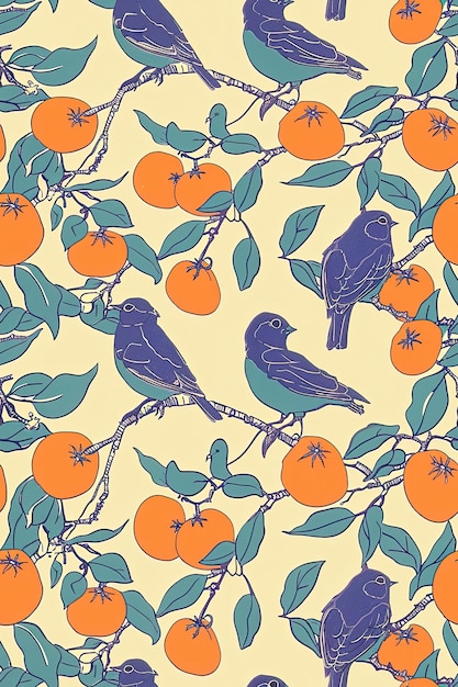 une peinture d'oiseaux sur une branche avec des oranges