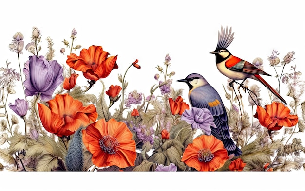 Une peinture d'oiseaux sur un champ de fleurs.