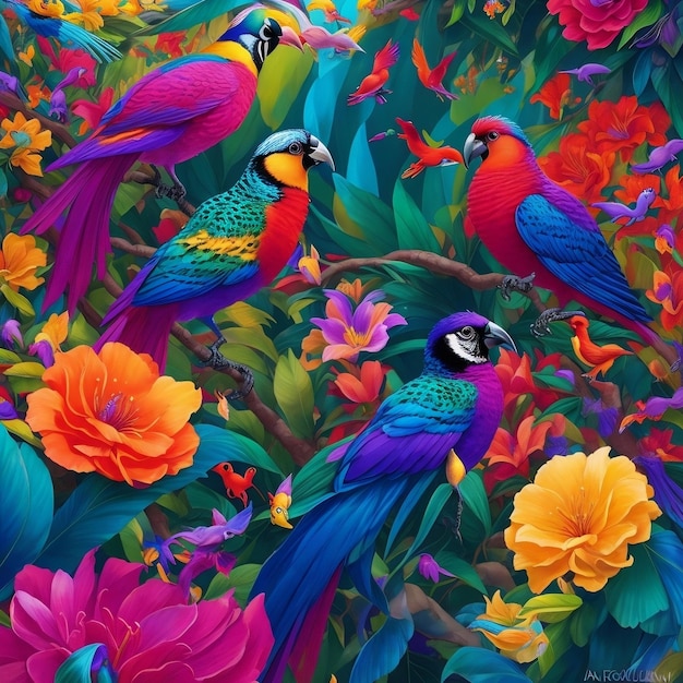 Peinture d'oiseaux colorés avec des fleurs multicolores