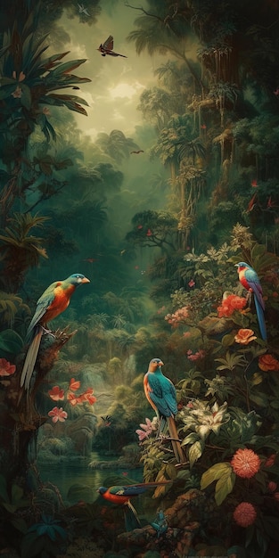 Une peinture d'oiseaux dans une jungle avec une lune en arrière-plan