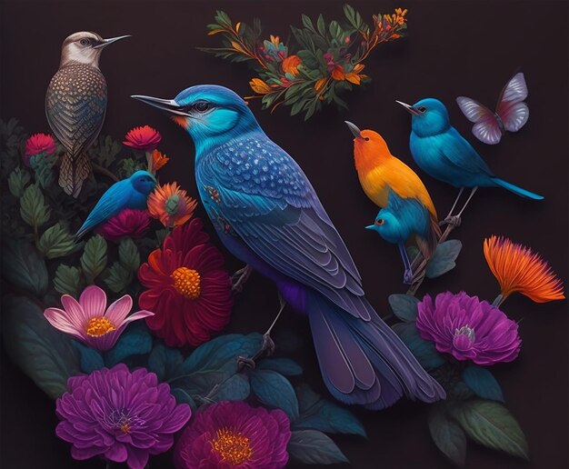 Une peinture d'oiseaux et de fleurs dont l'une a des ailes bleues et jaunes.