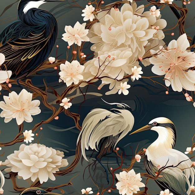 une peinture d'oiseaux et de fleurs avec un fond noir