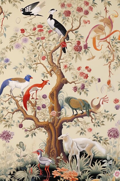 une peinture d'oiseaux et de fleurs avec un oiseau sur le dessus