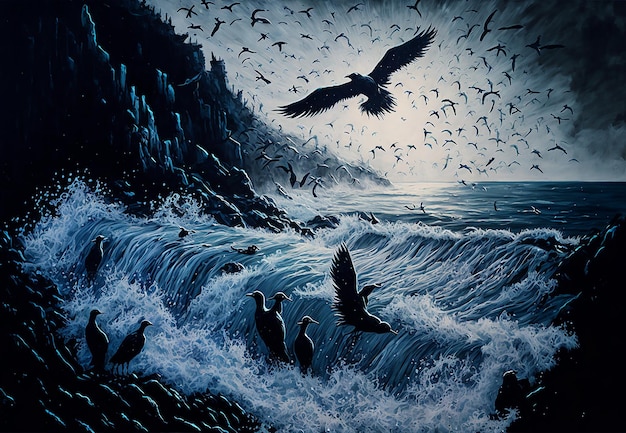 Une peinture d'oiseaux volant au-dessus d'une vague avec un fond sombre et un ciel sombre avec un nuage blanc.