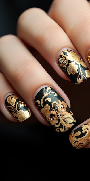 Photo une peinture à ongles dorée et noire avec des feuilles d'or et des fleurs d'or.