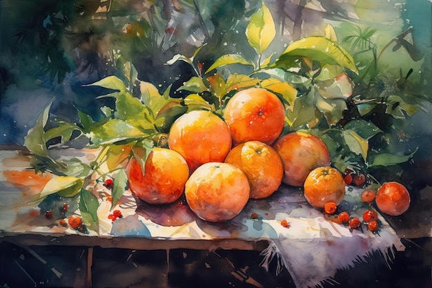 Une peinture d'oranges et de baies avec des feuilles vertes