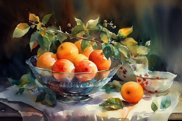 Une peinture d'oranges et un bol de fruits