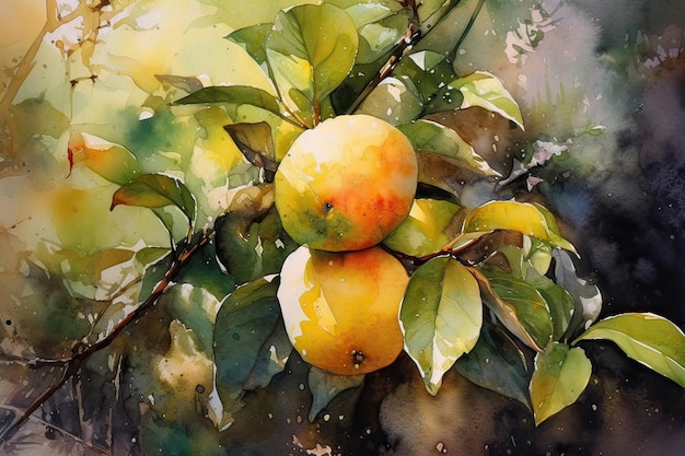 Une peinture d'oranges sur une branche