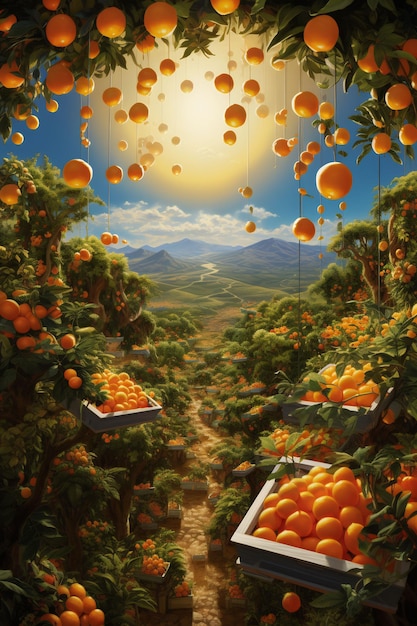 une peinture d'oranges et du soleil dans le ciel