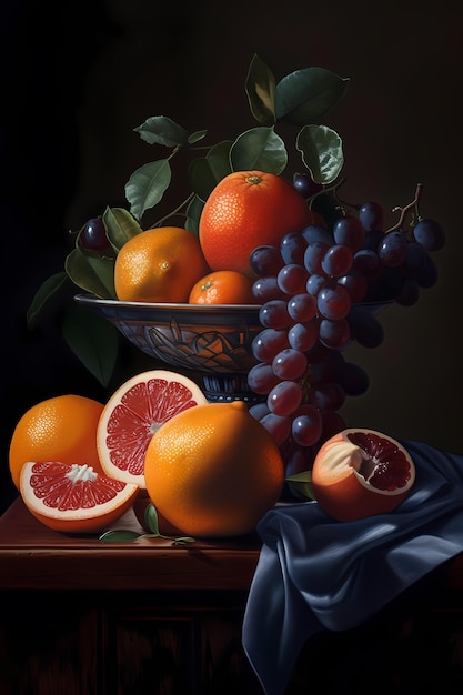 Une peinture d'oranges et de raisins avec un tissu bleu