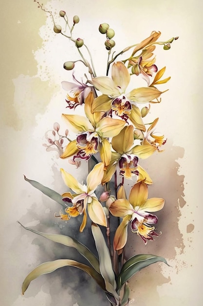 Une peinture d'une orchidée jaune avec des feuilles vertes