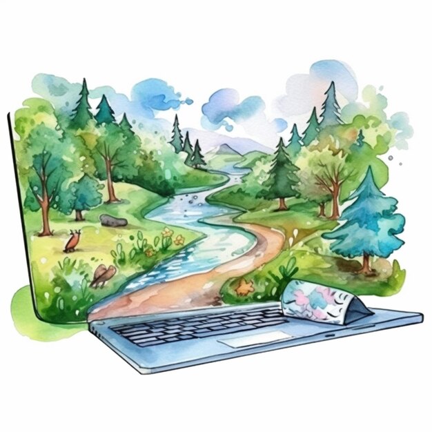 peinture d'un ordinateur portable avec un paysage et un ruisseau qui en sort