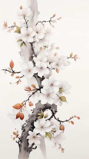 Une peinture orientale d'un arbre avec des fleurs blanches