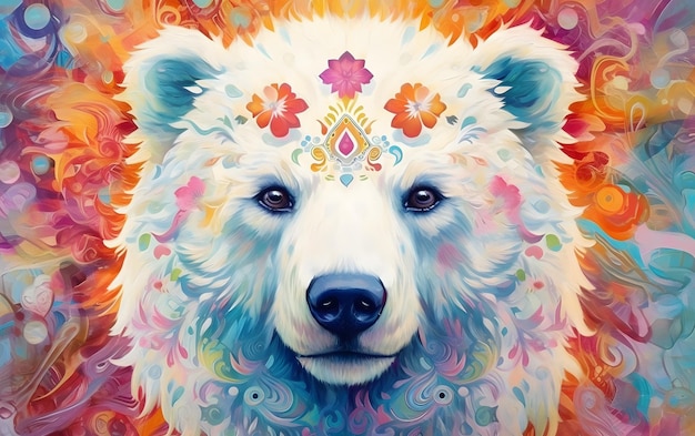 Une peinture d'un ours blanc avec un motif floral sur son visage.