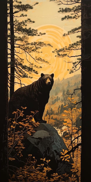 Photo une peinture d'un ours dans les bois avec des arbres en arrière-plan