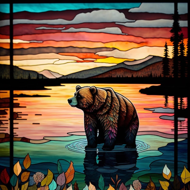 Peinture d'un ours dans un lac avec un coucher de soleil en arrière-plan.