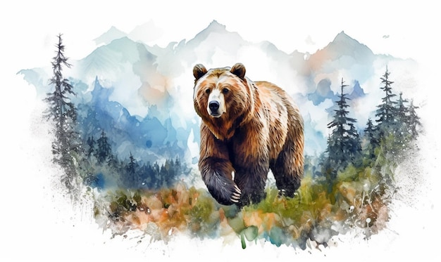 Peinture d'un ours marchant dans les bois avec une montagne en arrière-plan AI Generative