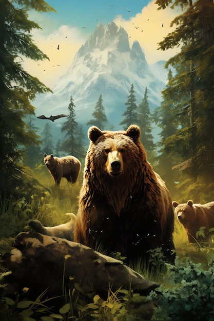 une peinture d'ours et une montagne en arrière-plan