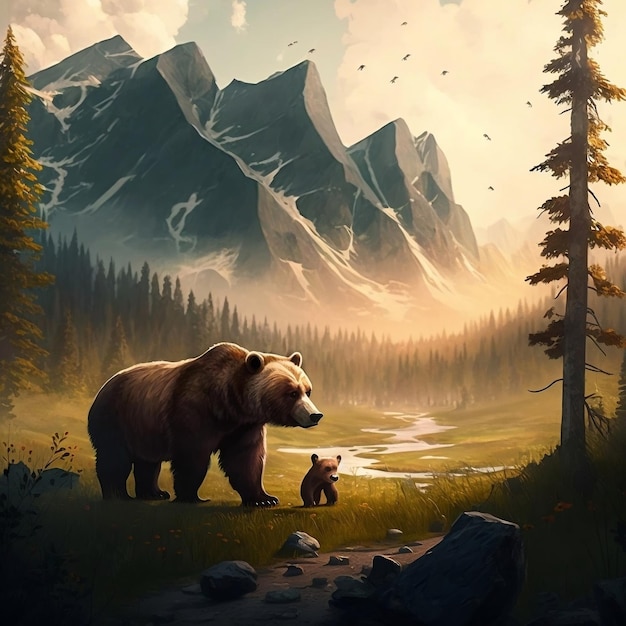 Une peinture d'un ours et d'une montagne