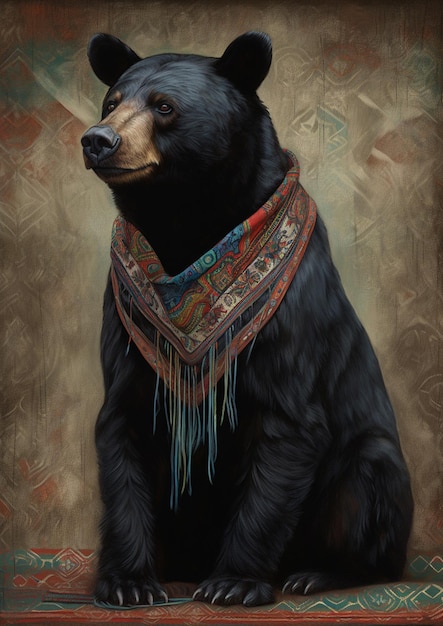 Photo une peinture d'un ours noir avec une écharpe rouge.