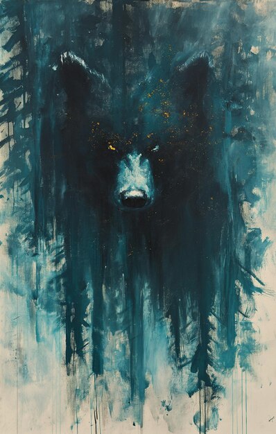 peinture d'un ours noir avec un fond bleu et des arbres génératifs ai