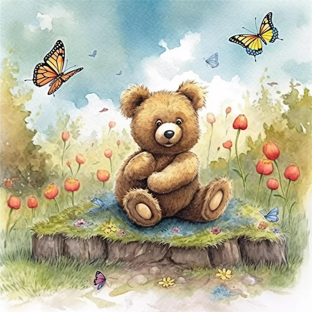 Peinture d'un ours en peluche assis sur un rocher avec un papillon volant au-dessus de la tête