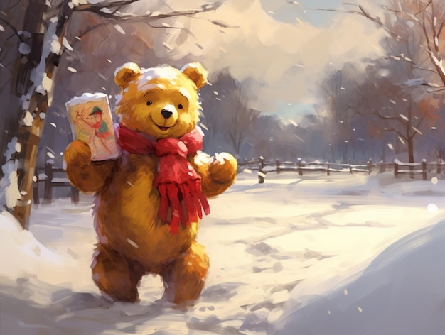 peinture d'un ours en peluche dans une écharpe et une écharpe tenant un livre ai générative