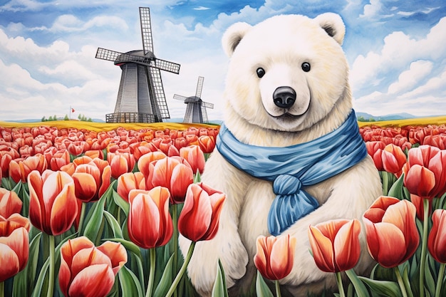 peinture d'un ours polaire dans un champ de tulipes avec un moulin à vent en arrière-plan