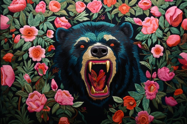 Peinture d'un ours avec sa bouche ouverte dans un champ de fleurs générative ai