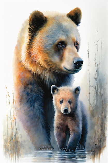 Une peinture d'un ours et son petit