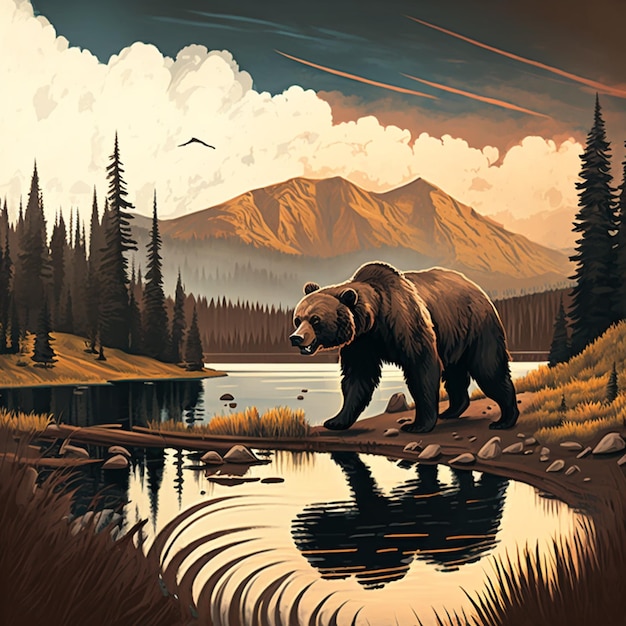 Peinture d'un ours traversant une rivière dans une forêt ai générative